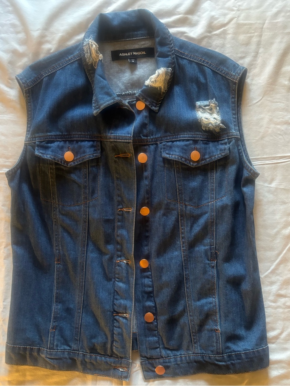 Ashley Mason Dark Blue Distressed Denim Vest with Copper Buttons